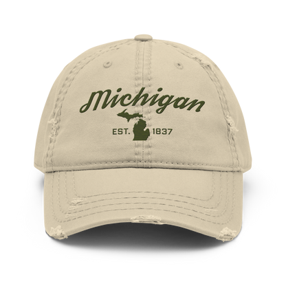 'Michigan EST. 1837' Distressed Dad Hat (Script Font) | Army Green