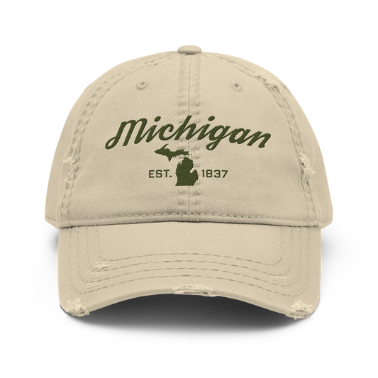 'Michigan EST. 1837' Distressed Dad Hat (Script Font) | Army Green