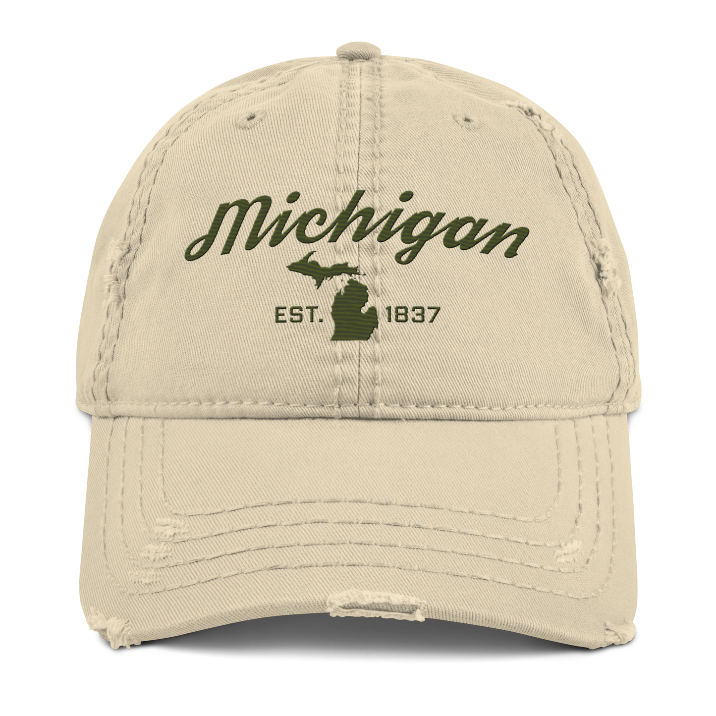 'Michigan EST. 1837' Distressed Dad Hat (Script Font) | Army Green