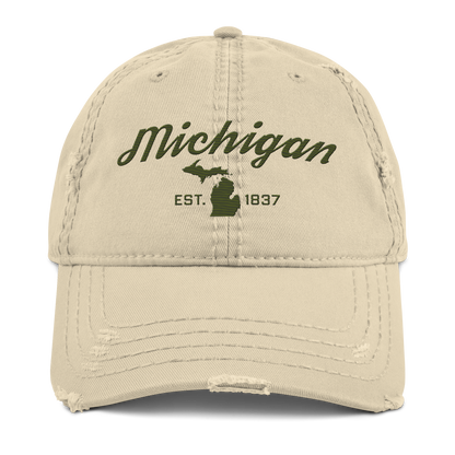 'Michigan EST. 1837' Distressed Dad Hat (Script Font) | Army Green