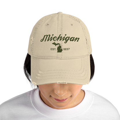 'Michigan EST. 1837' Distressed Dad Hat (Script Font) | Army Green