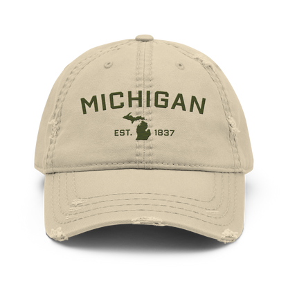 'Michigan EST. 1837' Distressed Dad Hat (Athletic Font) | Army Green