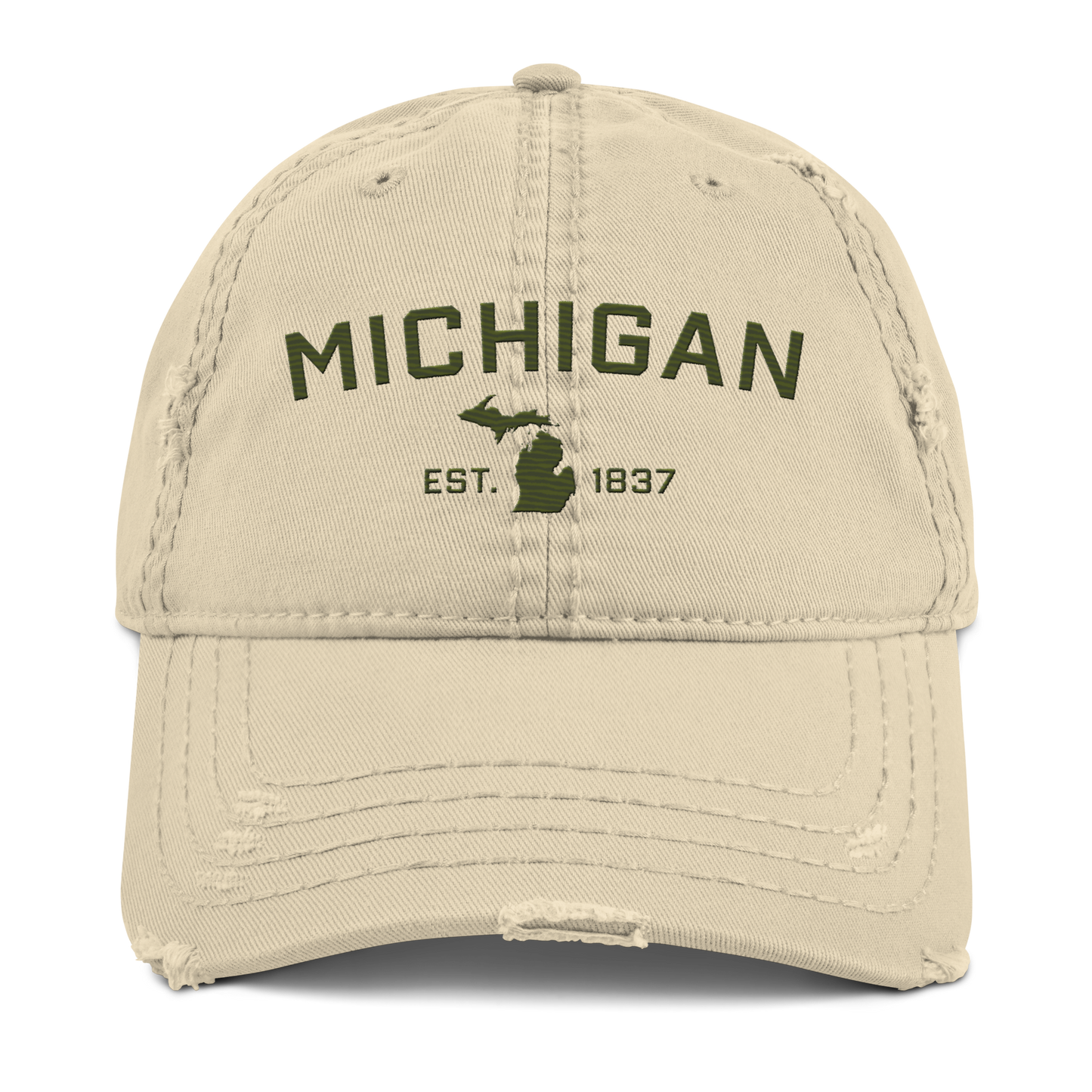 'Michigan EST. 1837' Distressed Dad Hat (Athletic Font) | Army Green