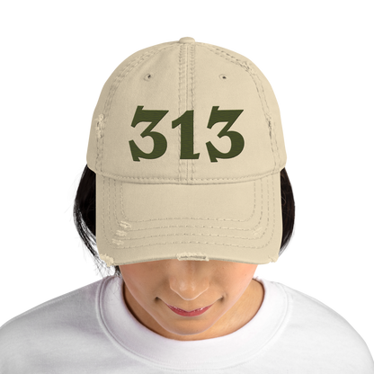 Detroit '313' Distressed Dad Hat (Angry Font) | Army Green