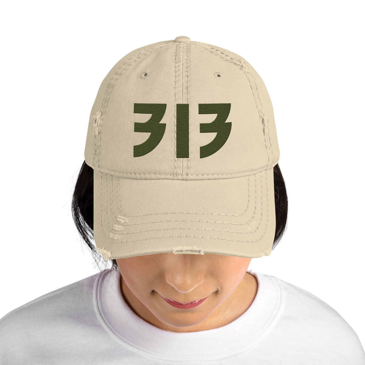 Detroit '313' Distressed Dad Hat (Glam Font) | Army Green