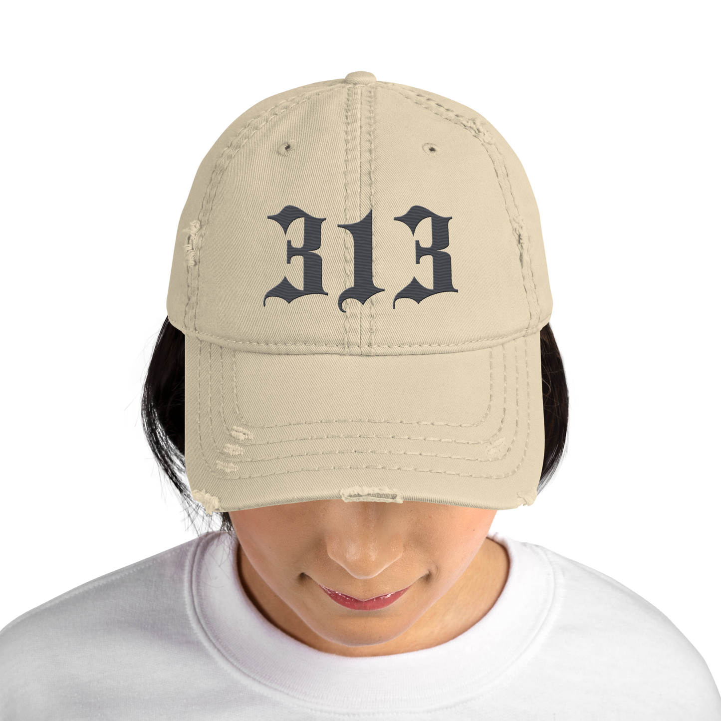 Detroit '313' Distressed Dad Hat (Old English) | Iron Ore Grey