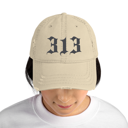 Detroit '313' Distressed Dad Hat (Old English) | Iron Ore Grey