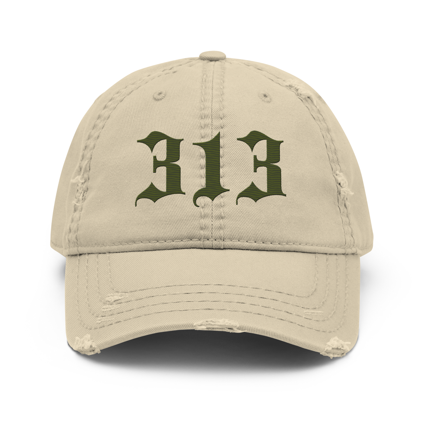 Detroit '313' Distressed Dad Hat (Old English) | Army Green