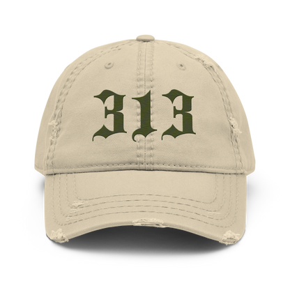 Detroit '313' Distressed Dad Hat (Old English) | Army Green