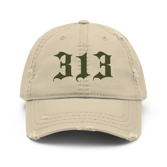 Detroit '313' Distressed Dad Hat (Old English) | Army Green