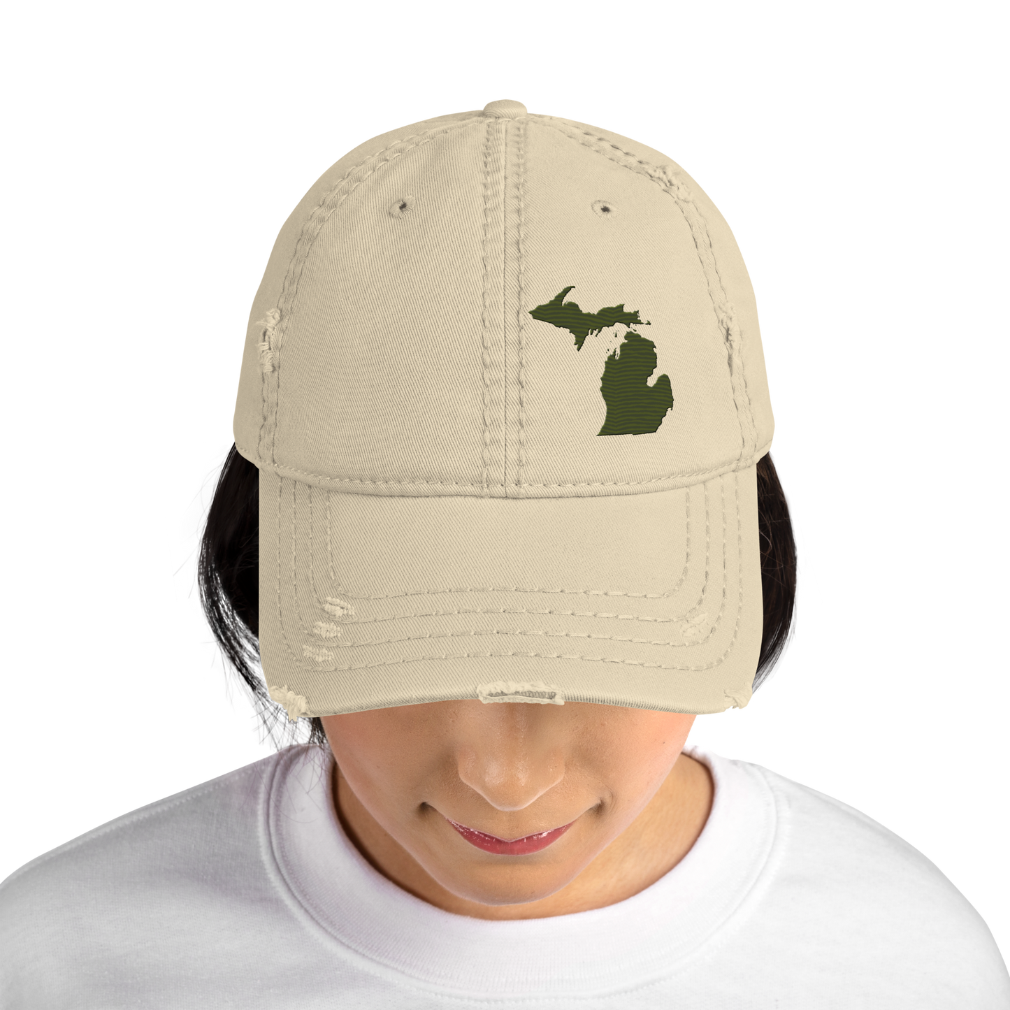 Michigan Distressed Dad Hat | Army Green Outline