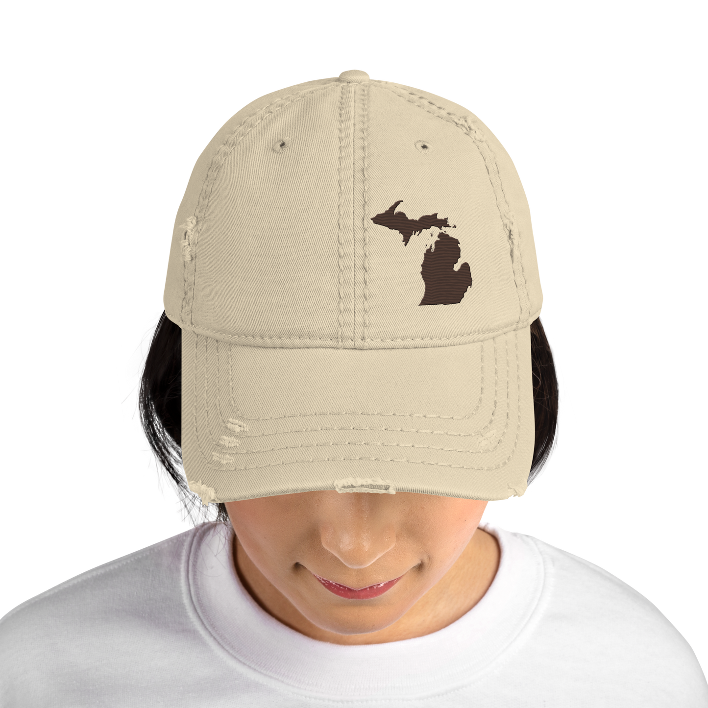 Michigan Distressed Dad Hat | Hickory Brown Outline