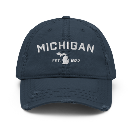 'Michigan EST 1837' Distressed Dad Hat (Athletic Font)