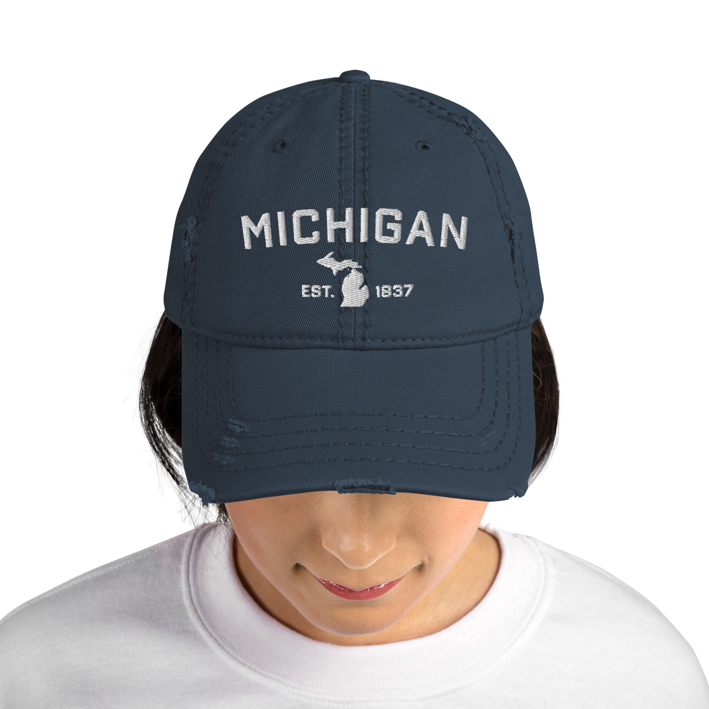 'Michigan EST 1837' Distressed Dad Hat (Athletic Font)