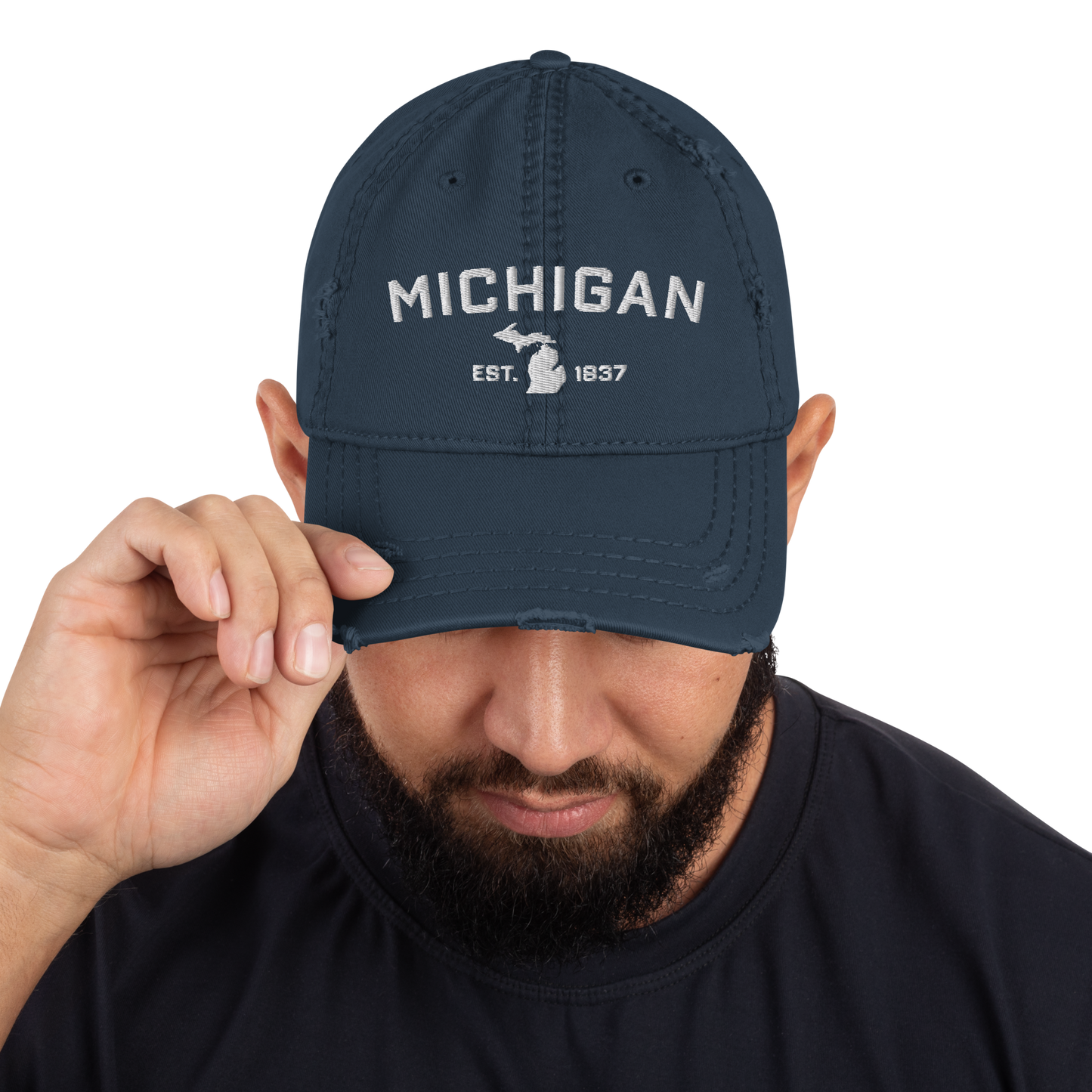 'Michigan EST 1837' Distressed Dad Hat (Athletic Font)