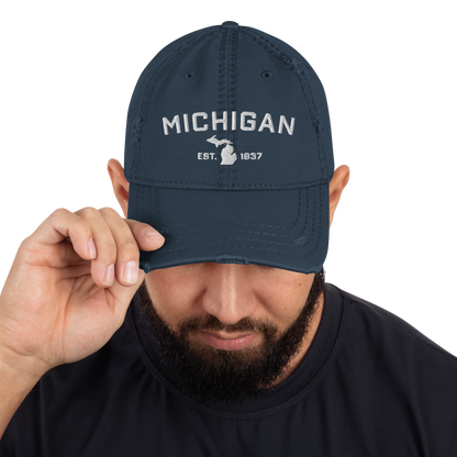 'Michigan EST 1837' Distressed Dad Hat (Athletic Font)