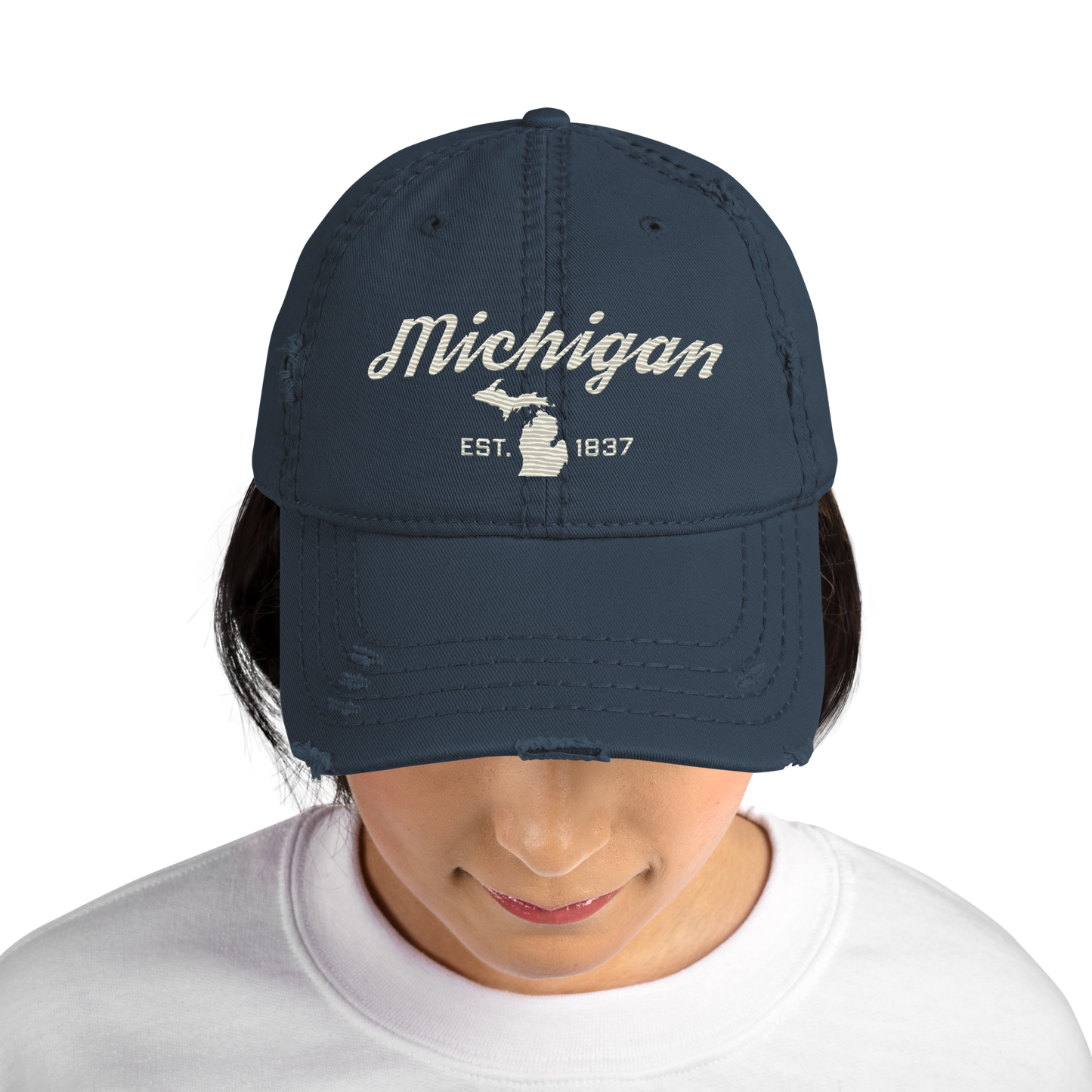 'Michigan EST. 1837' Distressed Dad Hat (Script Font) | Ivory White