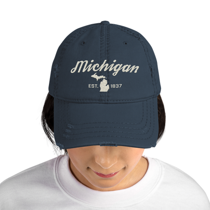 'Michigan EST. 1837' Distressed Dad Hat (Script Font) | Ivory White