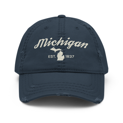 'Michigan EST. 1837' Distressed Dad Hat (Script Font) | Ivory White