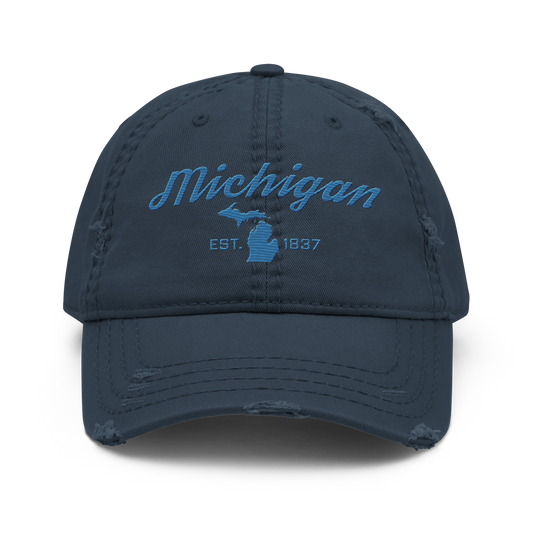 'Michigan EST. 1837' Distressed Dad Hat (Script Font) | Superior Blue