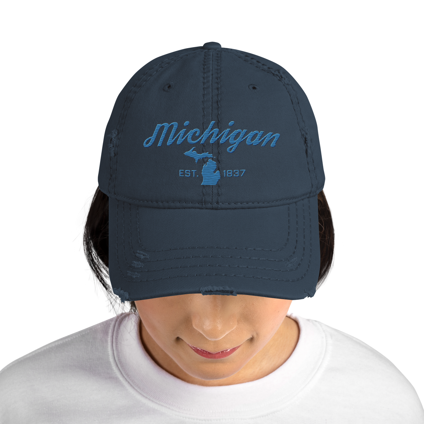 'Michigan EST. 1837' Distressed Dad Hat (Script Font) | Superior Blue