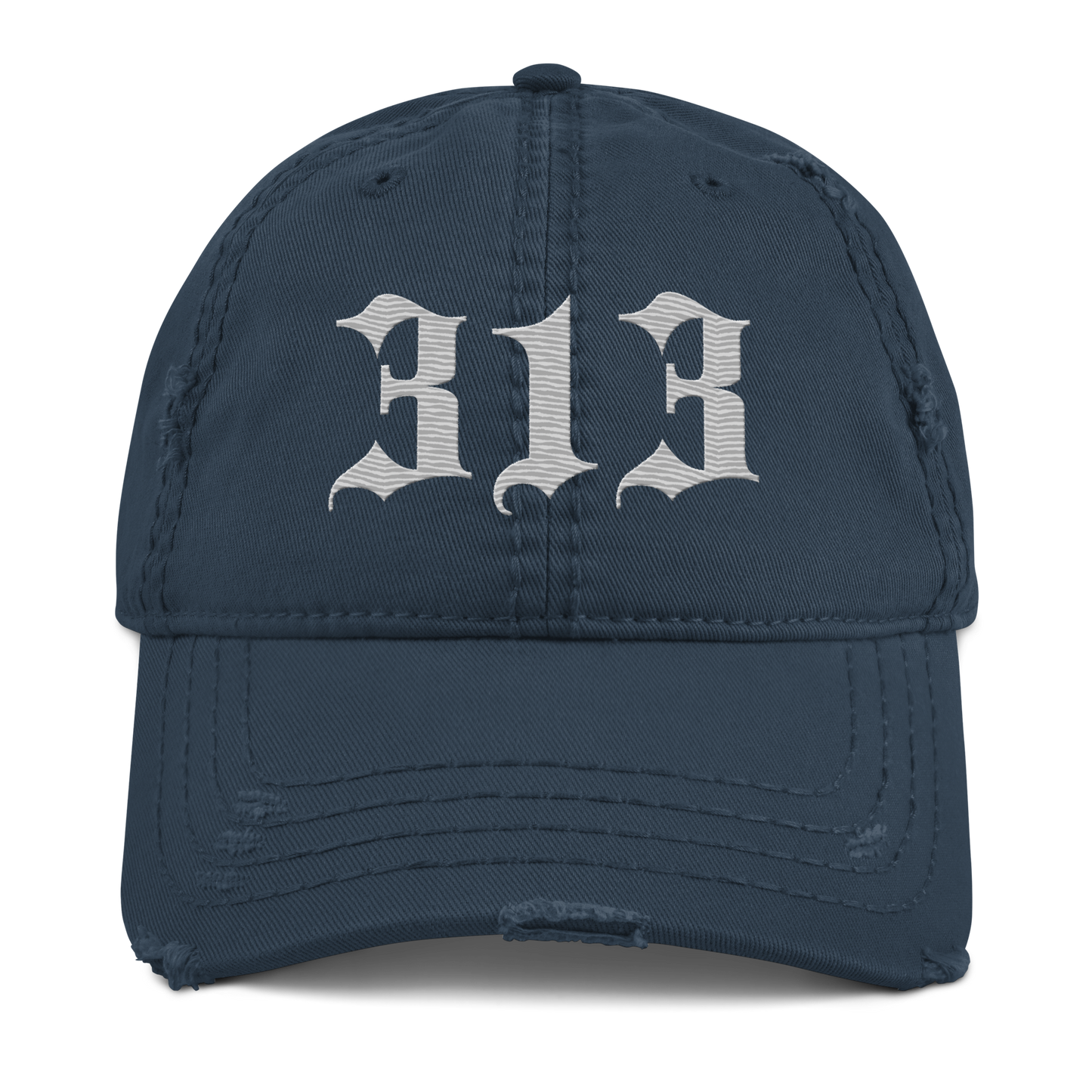 Detroit '313' Distressed Dad Hat (Old English) | Platinum