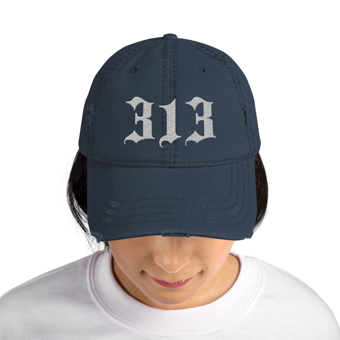 Detroit '313' Distressed Dad Hat (Old English) | Platinum