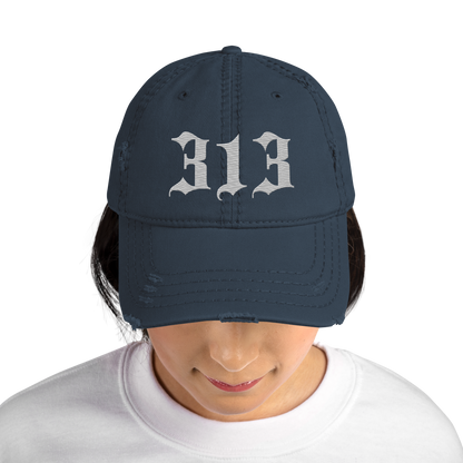 Detroit '313' Distressed Dad Hat (Old English) | Platinum