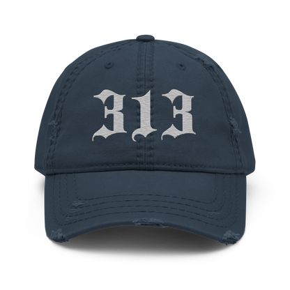 Detroit '313' Distressed Dad Hat (Old English) | Platinum