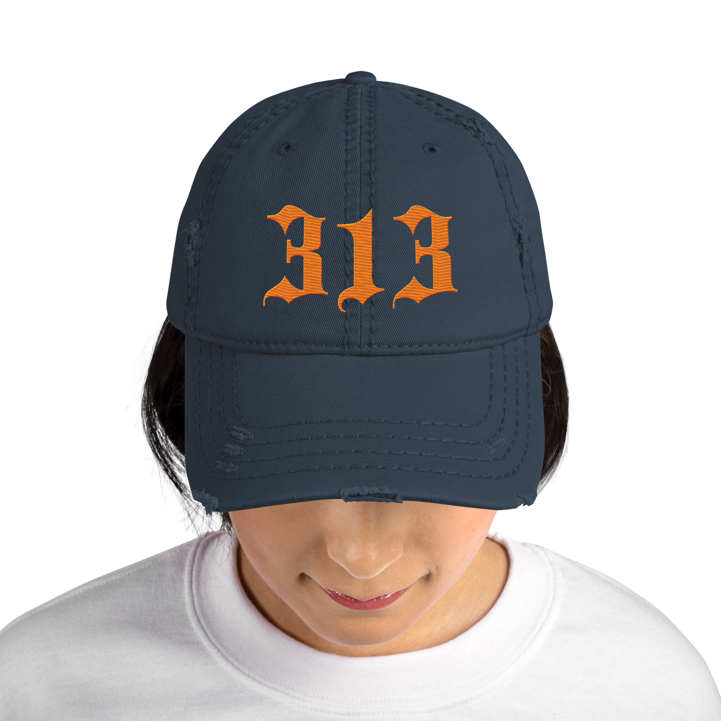 Detroit '313' Distressed Dad Hat (Old English) | Orange