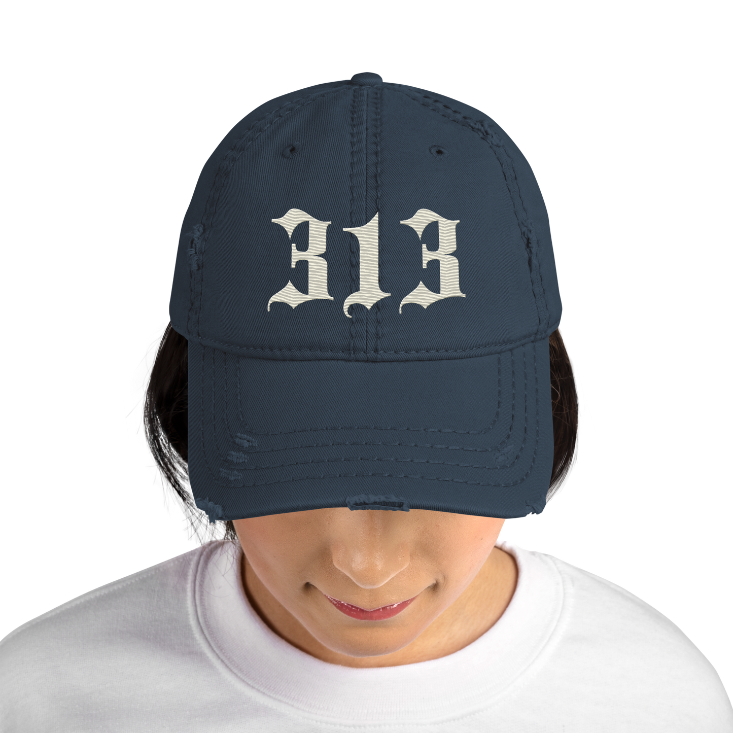 Detroit '313' Distressed Dad Hat (Old English) | Ivory White