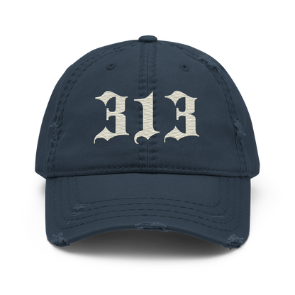 Detroit '313' Distressed Dad Hat (Old English) | Ivory White