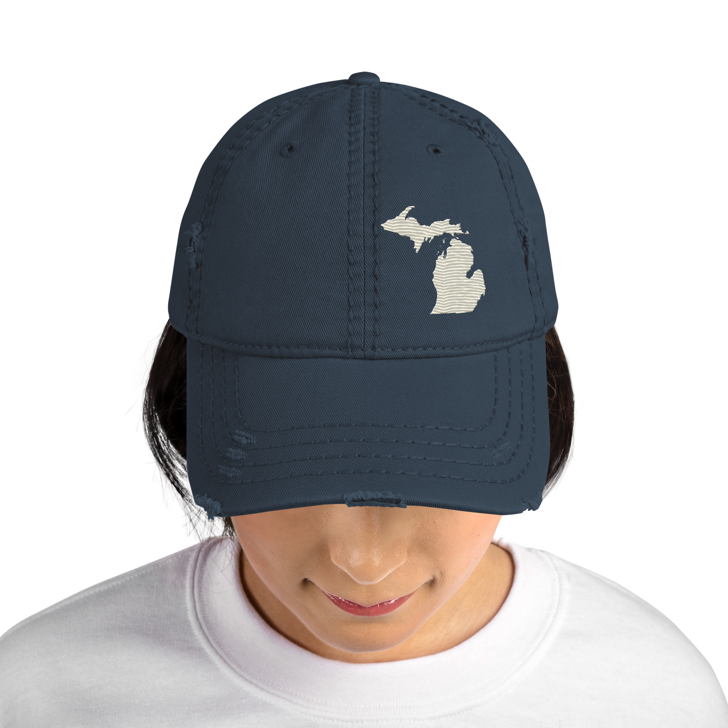 Michigan Distressed Dad Hat | Ivory White Outline