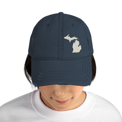 Michigan Distressed Dad Hat | Ivory White Outline