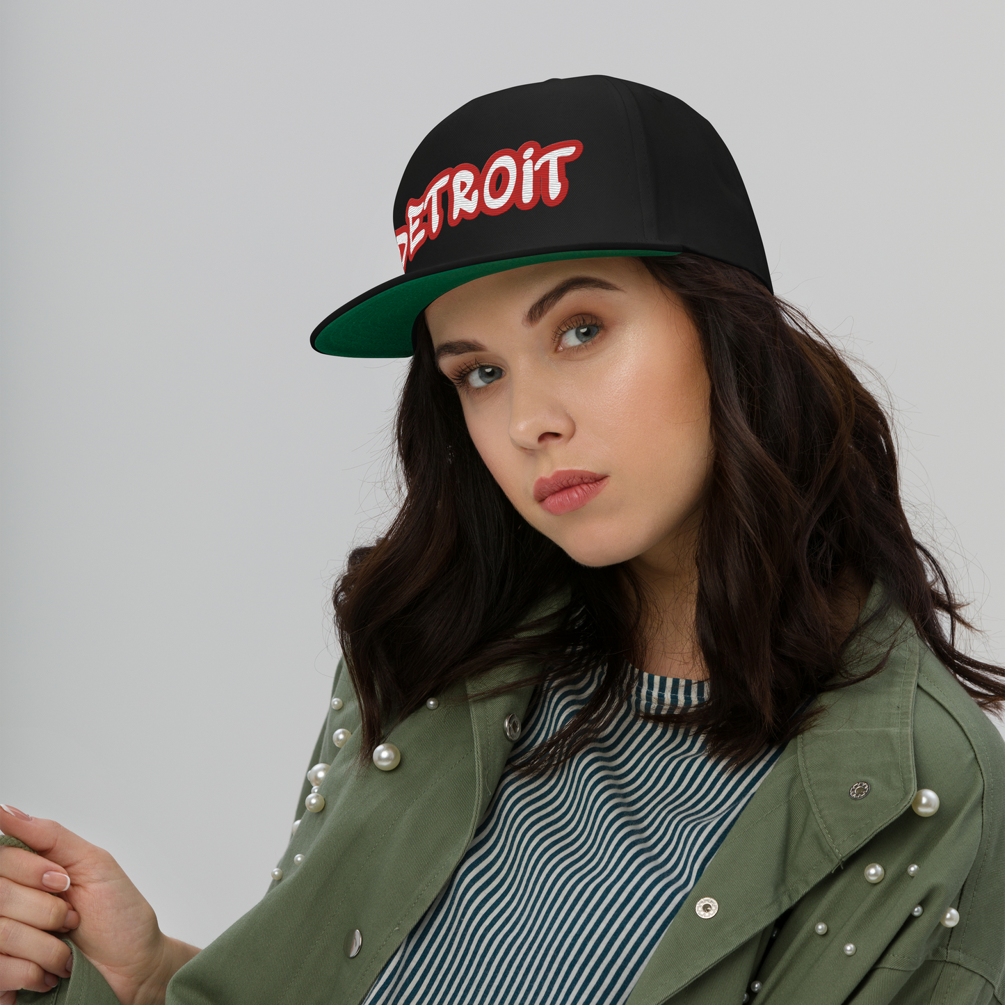 'Detroit' Flat Bill Snapback (Aliform Red Tag Font)