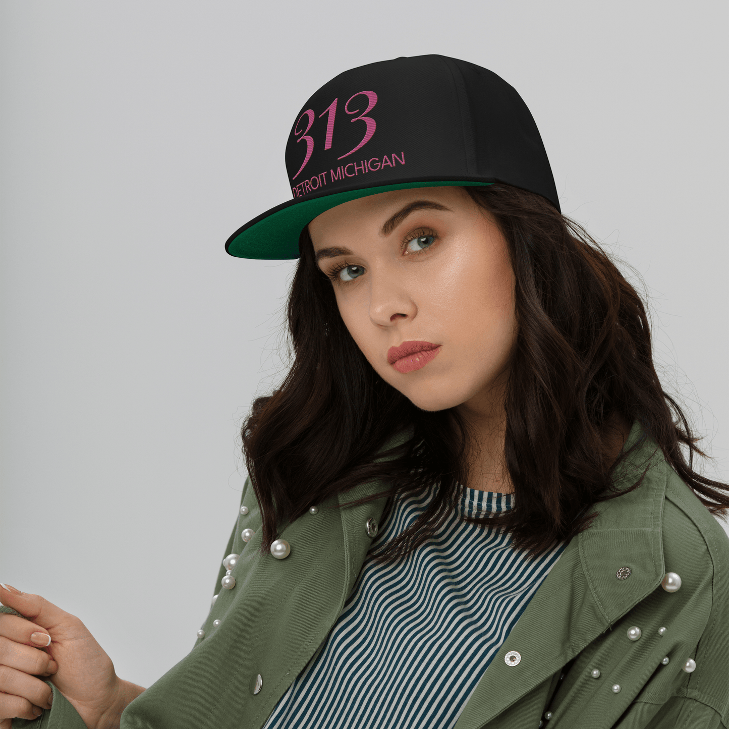 '313 Detroit Michigan' Snapback | 5-Panel - Apple Blossom Pink