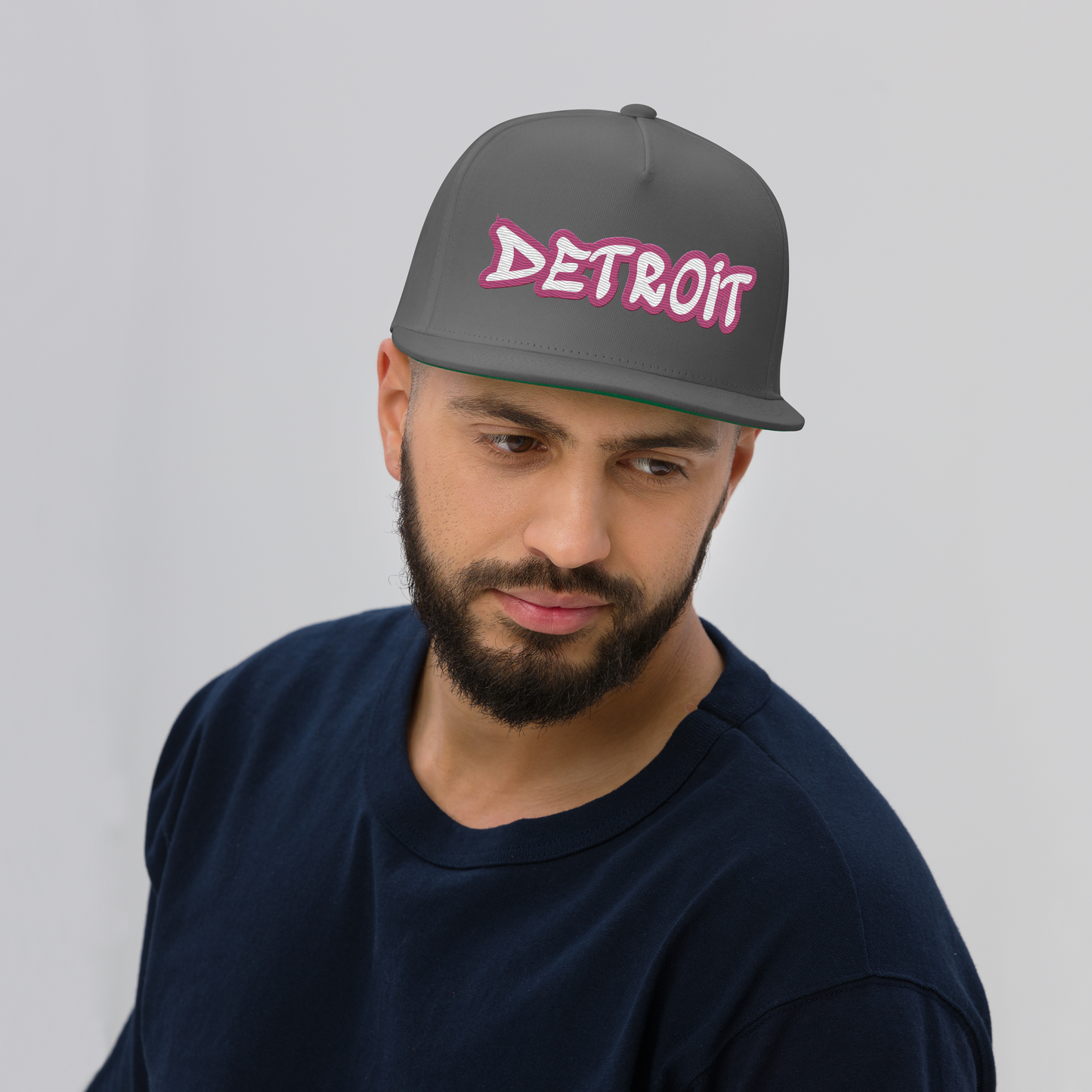 'Detroit' Flat Bill Snapback (Apple Blossom Pink Tag Font)