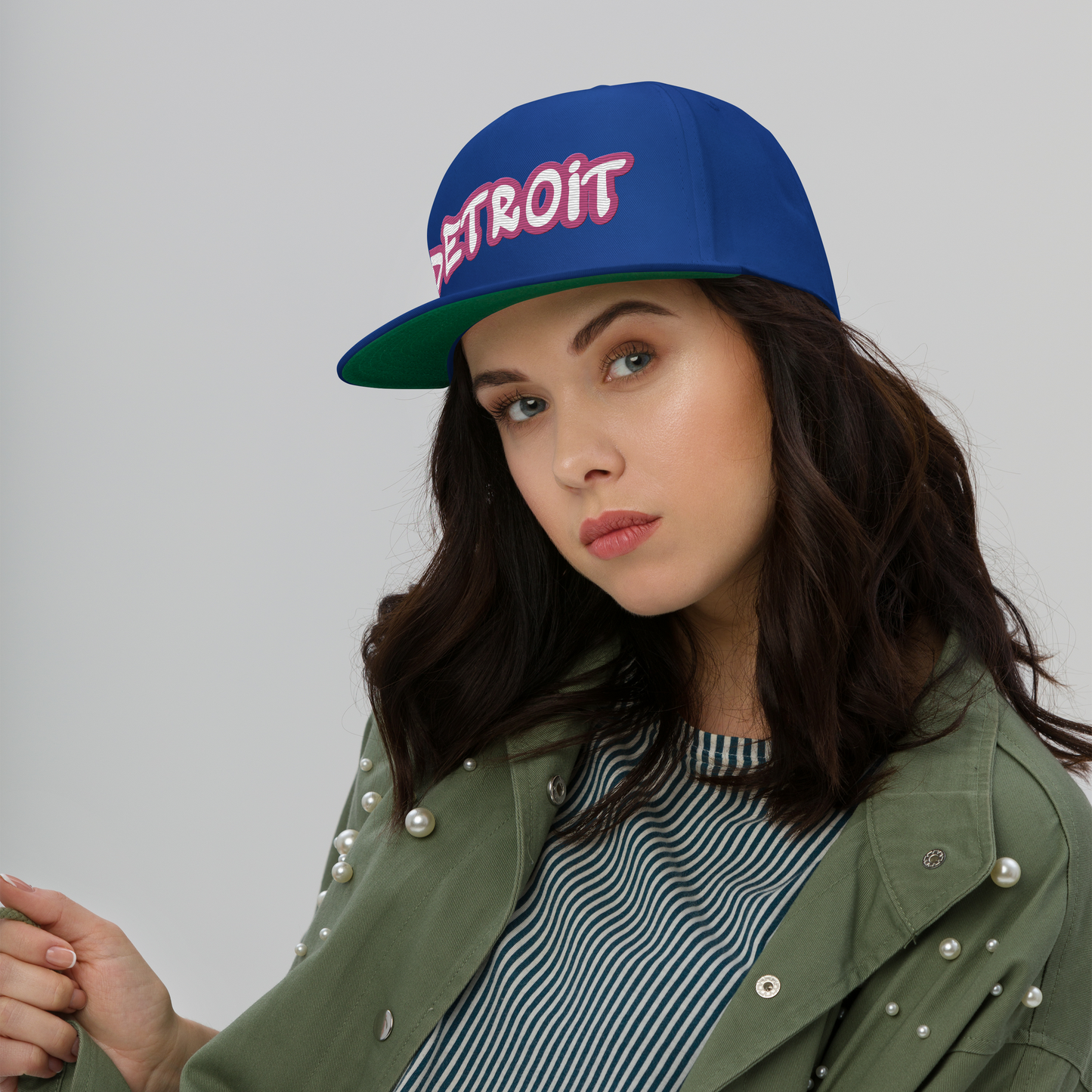 'Detroit' Flat Bill Snapback (Apple Blossom Pink Tag Font)