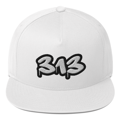 Detroit '313' Flat BIll Snapback (White/Black Tag Font)