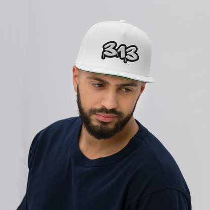 Detroit '313' Flat BIll Snapback (White/Black Tag Font)