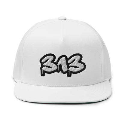 Detroit '313' Flat BIll Snapback (White/Black Tag Font)