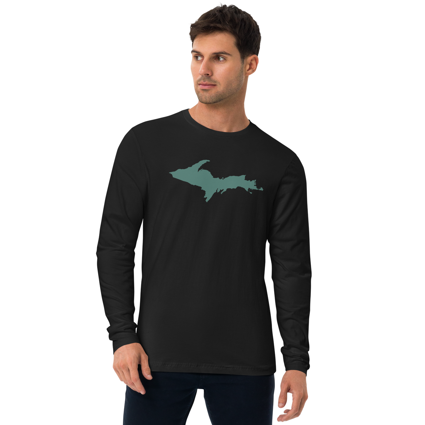 Michigan Upper Peninsula Fitted T-Shirt (w/ Copper Green UP Outline) | Men's Long Sleeve