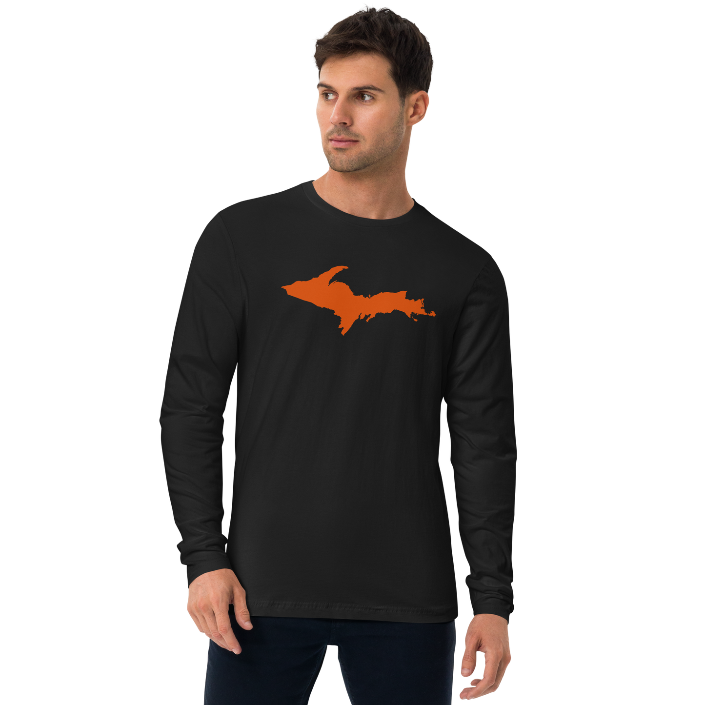 Michigan Upper Peninsula Fitted T-Shirt (w/ Orange UP Outline) | Men's Long Sleeve