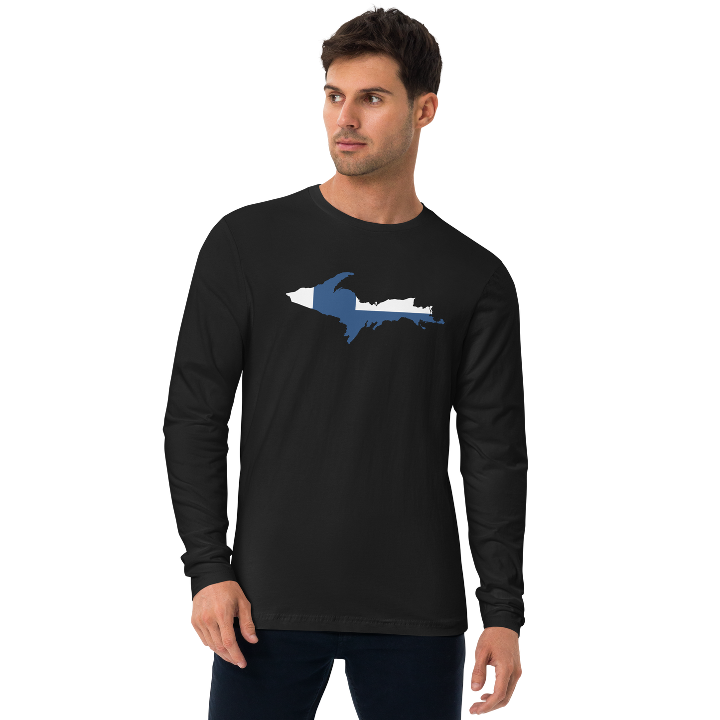 Michigan Upper Peninsula Long Sleeve T-Shirt (w/ UP Finland Flag) | Men's Fitted