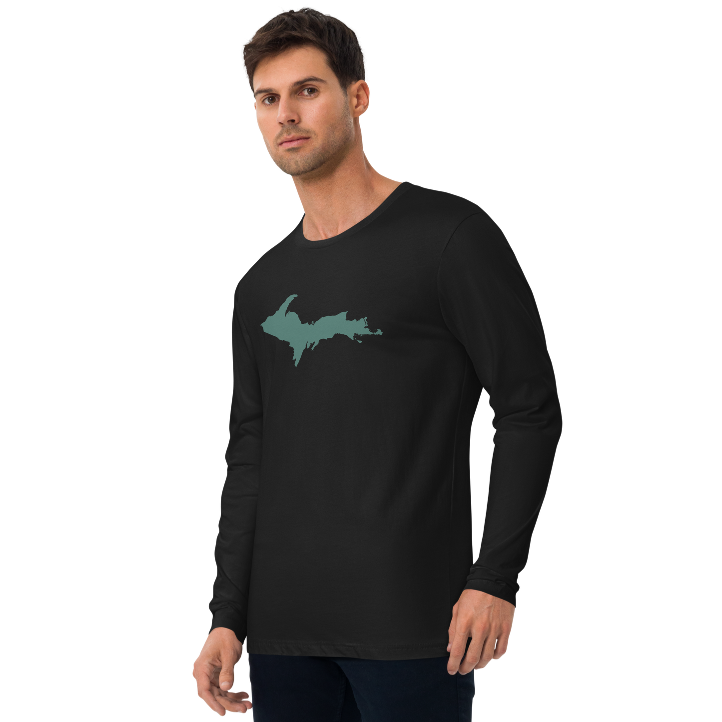 Michigan Upper Peninsula Fitted T-Shirt (w/ Copper Green UP Outline) | Men's Long Sleeve