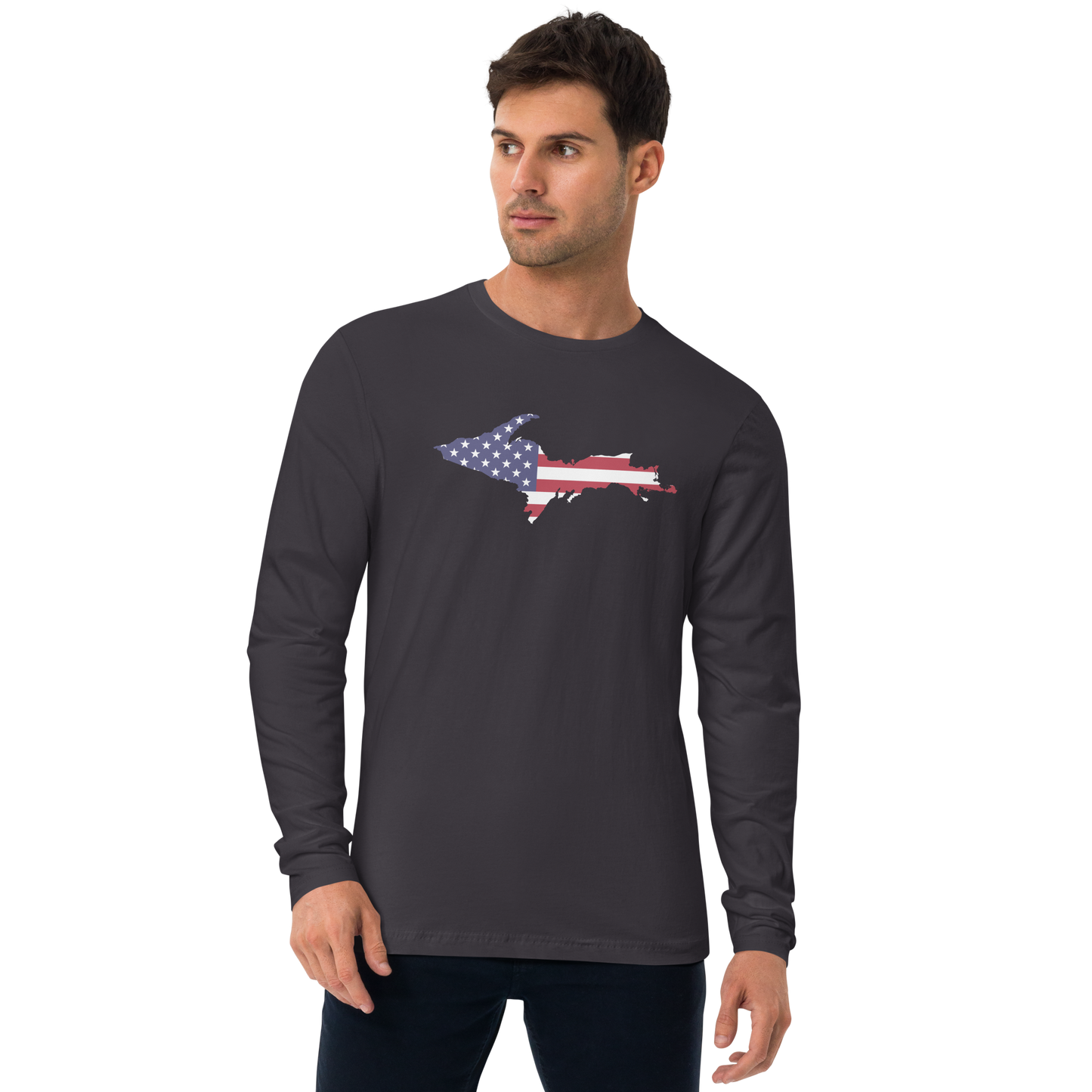 Michigan Upper Peninsula T-Shirt (w/ UP USA Flag) | Men's Fitted Long Sleeve