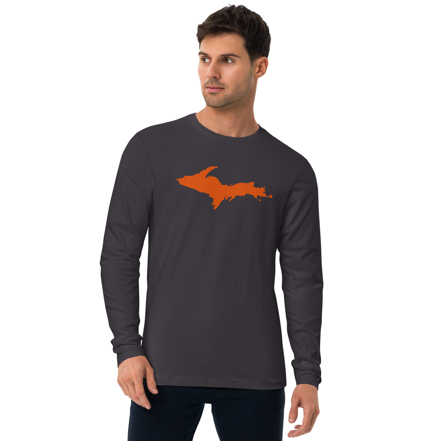 Michigan Upper Peninsula Fitted T-Shirt (w/ Orange UP Outline) | Men's Long Sleeve