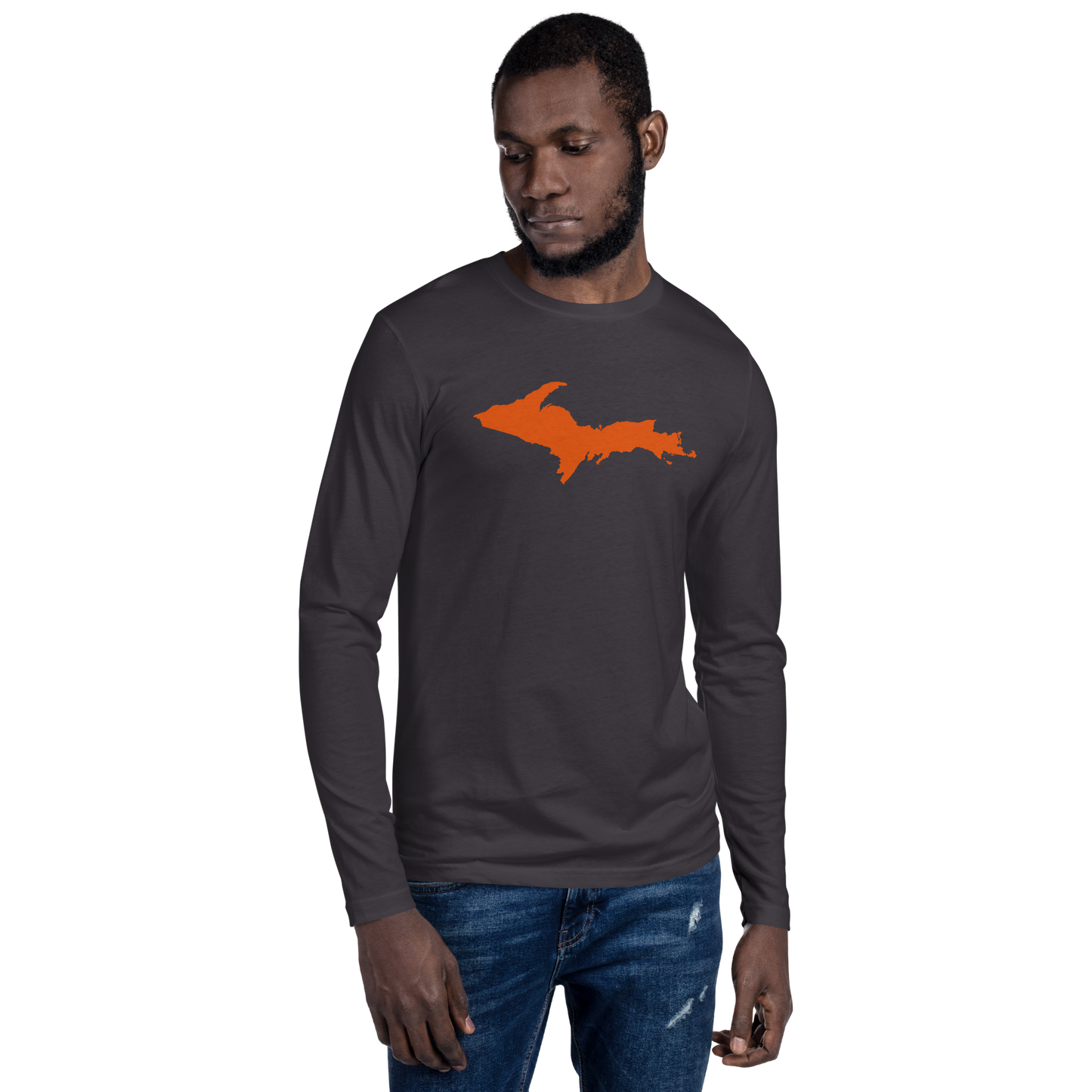 Michigan Upper Peninsula Fitted T-Shirt (w/ Orange UP Outline) | Men's Long Sleeve