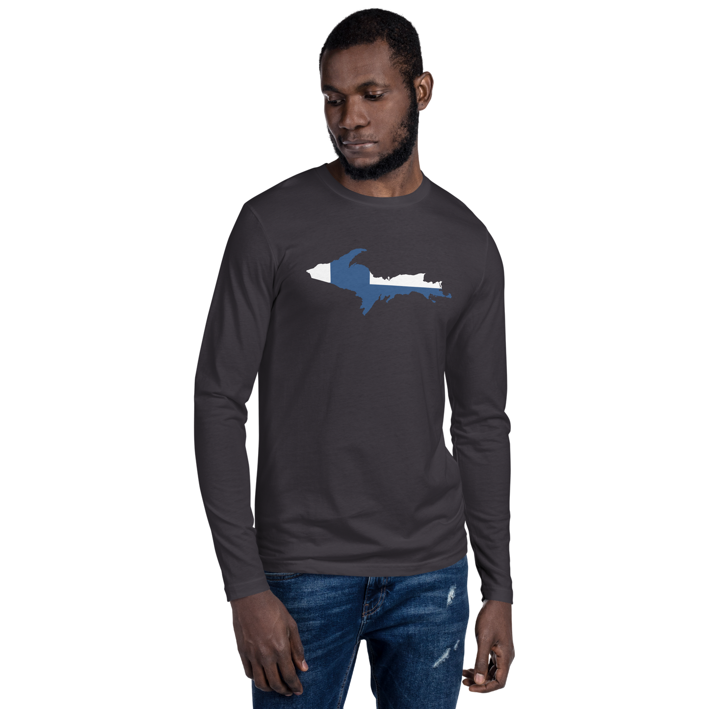 Michigan Upper Peninsula Long Sleeve T-Shirt (w/ UP Finland Flag) | Men's Fitted