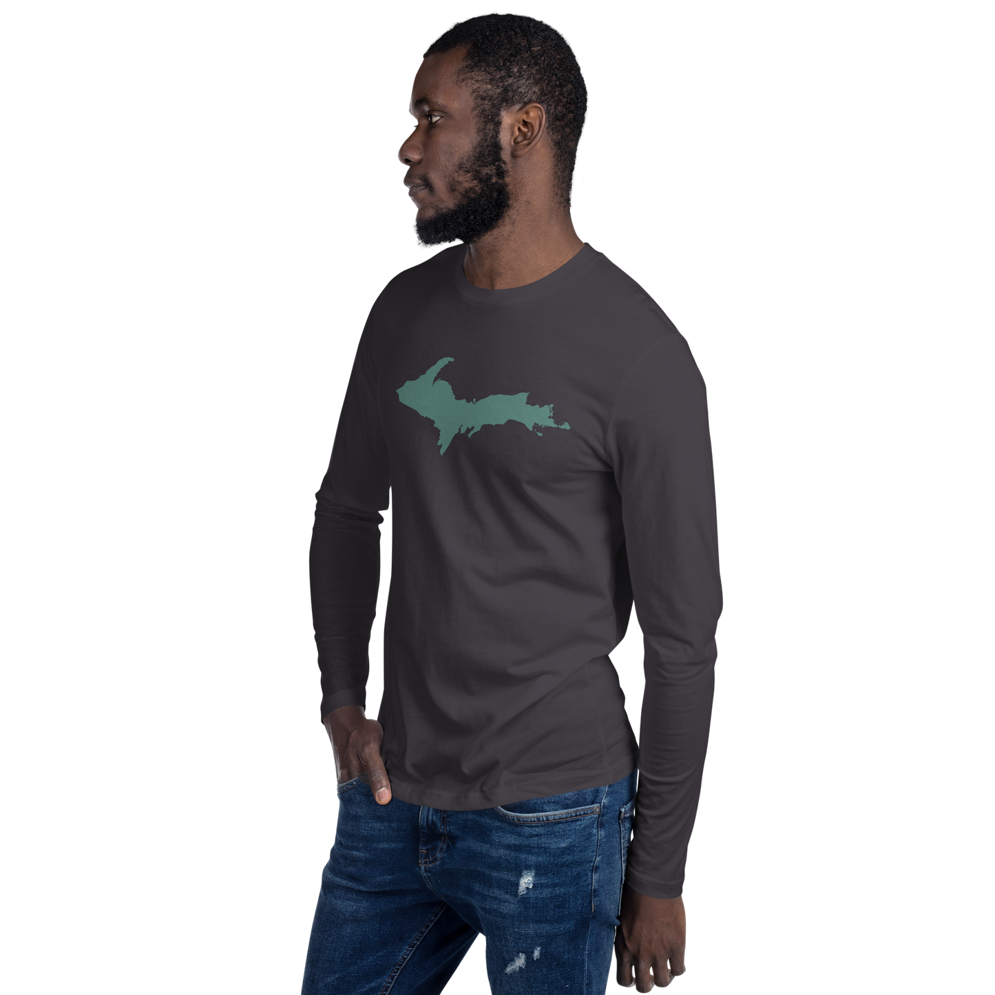 Michigan Upper Peninsula Fitted T-Shirt (w/ Copper Green UP Outline) | Men's Long Sleeve